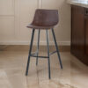 Barstool Chair Set of 2, Curved Seat, Black Steel, Brown Faux Leather