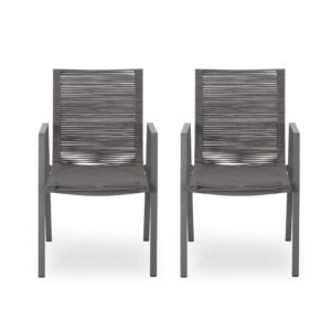 Teny Outdoor Dining Chair Set of 2, Dark Gray Metal. Woven Rope Seat Back