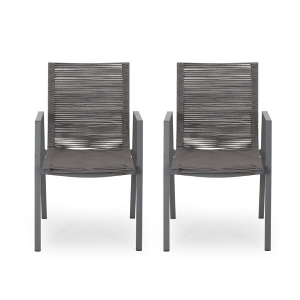 Teny Outdoor Dining Chair Set of 2, Dark Gray Metal. Woven Rope Seat Back