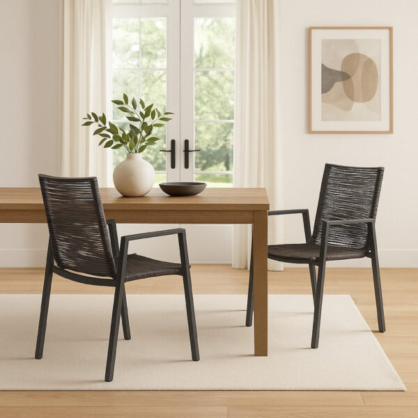 Teny Outdoor Dining Chair Set of 2, Dark Gray Metal. Woven Rope Seat Back