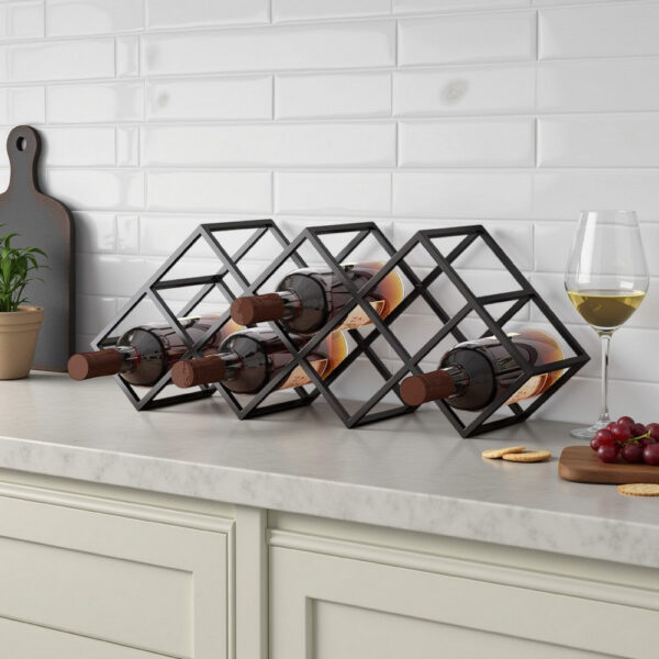 Wine Rack with Diamond Slots, 24 Inch Compact Design, Matte Black