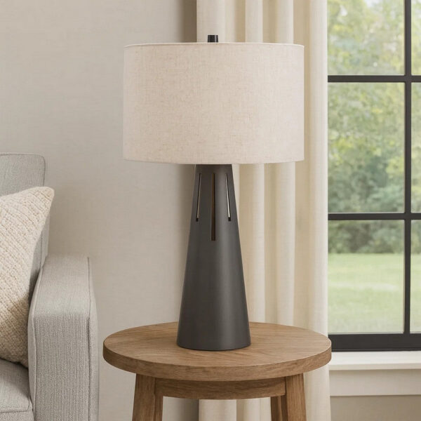Tiy 30 Inch Table Lamp, White Hardback Drum Shade, Gray Iron Cone Base