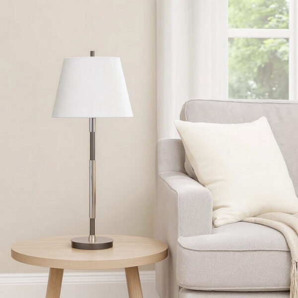 Siu 30 Inch Table Lamp, Chrome Metal Thin Pole w Finial, White Shade