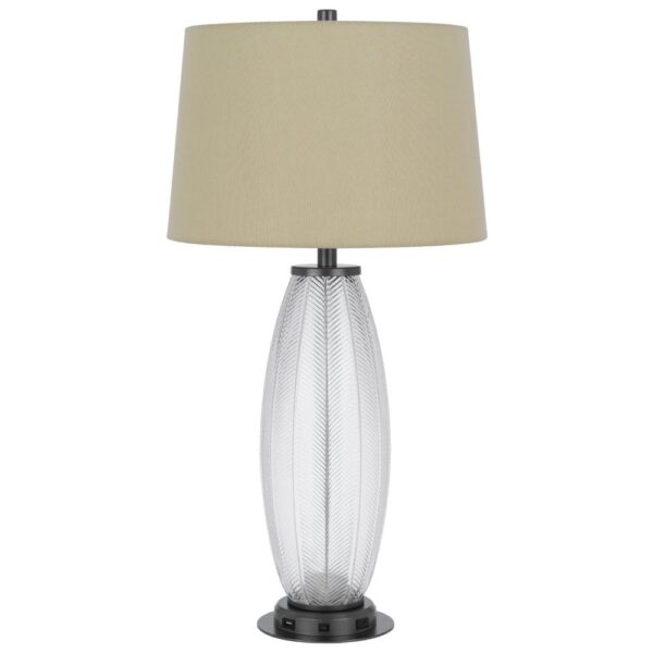 Leno 32 Inch Table Lamp, Leaf Pattern Clear Glass Base, Beige Shade
