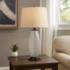 Leno 32 Inch Table Lamp, Leaf Pattern Clear Glass Base, Beige Shade