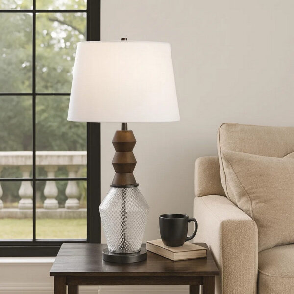 Hay 33 Inch Table Lamp, Diamond Pattern Glass Base, White Fabric Shade