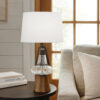 Leya 30 Inch Table Lamp, Lantern Style Glass Base, White Fabric Shade