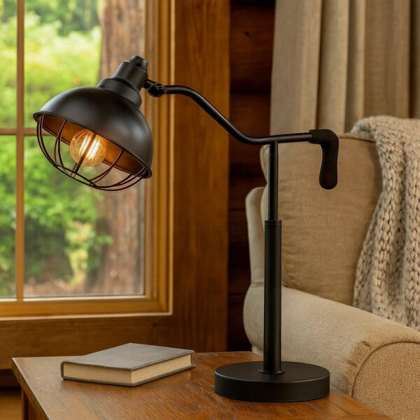Loga 27 Inch Desk Lamp w Adjustable Cage Style Shade, Black Iron