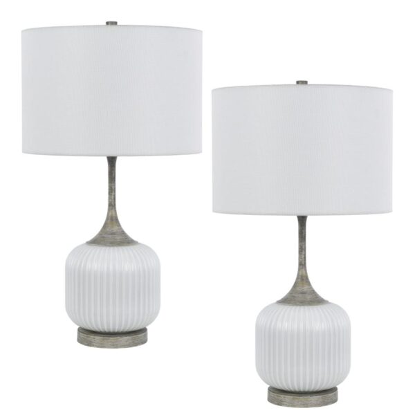 Myra Table Lamp Set of 2, Fluted Accent Glass Base, White Fabric Shade
