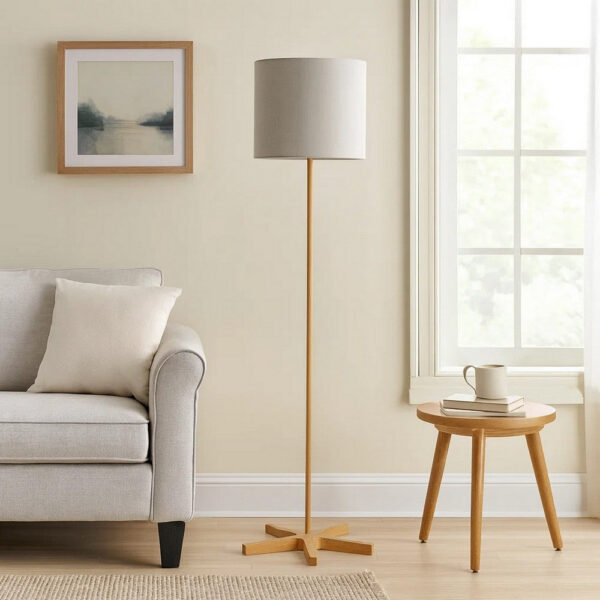 Plue 62 Inch Floor Lamp, Brown Pole w Star Wood Base, White Shade