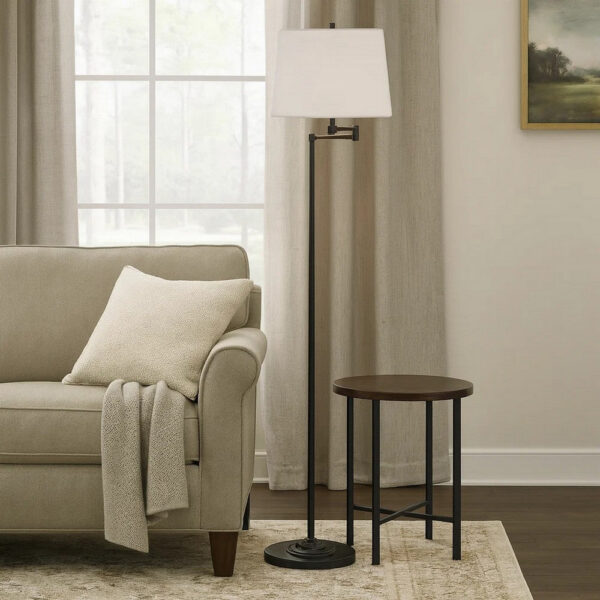 Tomi 63 Inch Floor Lamp, Double Swing Arm, Bronze Metal, White Shade