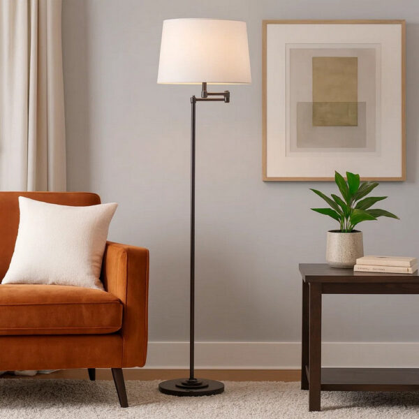 Tomi 63 Inch Floor Lamp, Double Swing Arm, Bronze Metal, White Shade