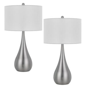 Ege Table Lamp Set of 2, Teardrop Brushed Steel Base, White Shade