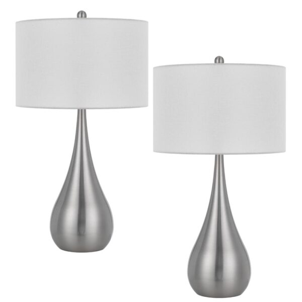 Ege Table Lamp Set of 2, Teardrop Brushed Steel Base, White Shade