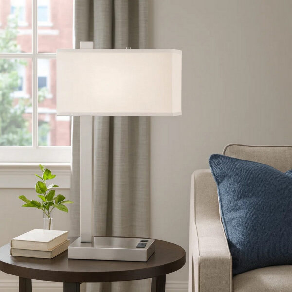 Nacy Table Lamp, 1 Power Outlet and USB Port, Chrome Steel 25 Inch
