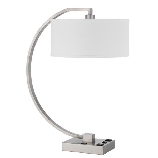 Fory Table Lamp, 2 Outlets, 1 USB Port, Curved Chrome Steel 26 Inch