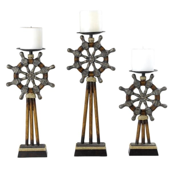Capi 3pc Candle Holder Set w Candles, Bronze Wheel Shape, Solid Base