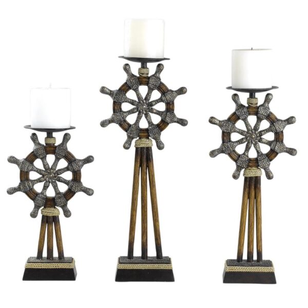 Capi 3pc Candle Holder Set w Candles, Bronze Wheel Shape, Solid Base