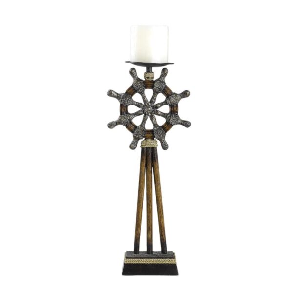 Capi 3pc Candle Holder Set w Candles, Bronze Wheel Shape, Solid Base