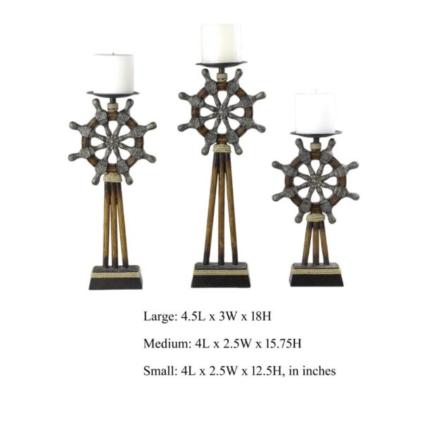 Capi 3pc Candle Holder Set w Candles, Bronze Wheel Shape, Solid Base