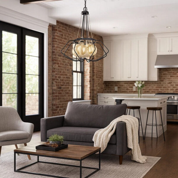 Lima 22 Inch Chandelier w 4 Light Bulbs, Black Metal Cage Design