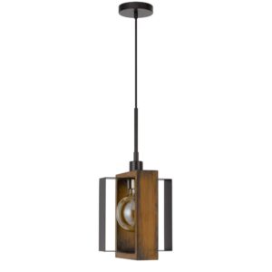 Gen 9 Inch Mini Pendant Light Fixture w Bulb, Black Metal, Pine Wood