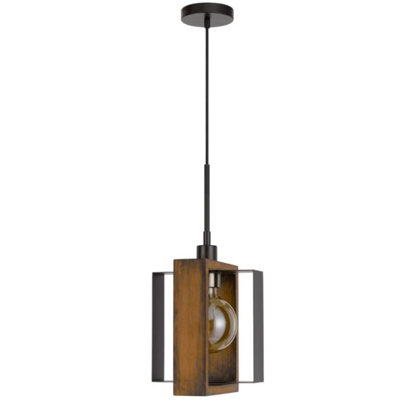 Gen 9 Inch Mini Pendant Light Fixture w Bulb, Black Metal, Pine Wood
