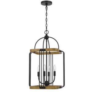 Rio 16 Inch Chandelier w Upturned Lights and Canopy, Wood, Black Metal