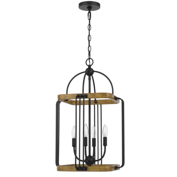Rio 16 Inch Chandelier w Upturned Lights and Canopy, Wood, Black Metal