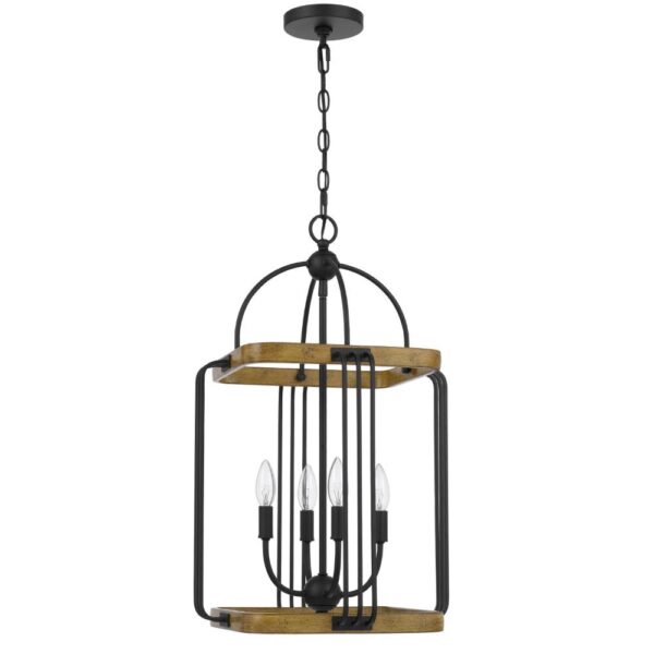 Rio 16 Inch Chandelier w Upturned Lights and Canopy, Wood, Black Metal
