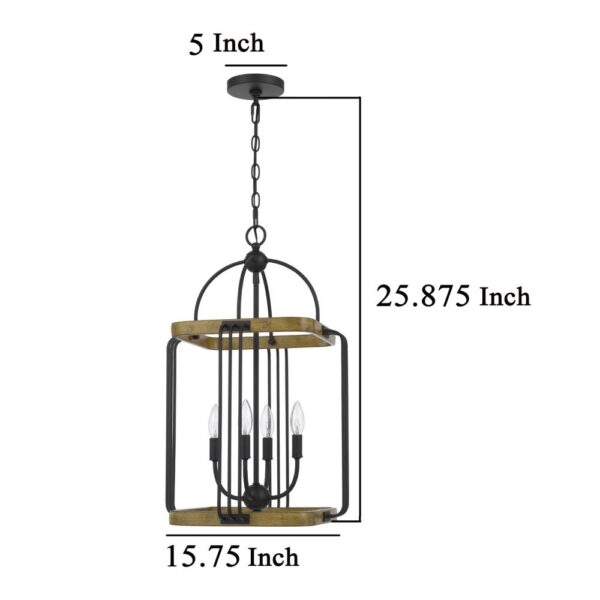 Rio 16 Inch Chandelier w Upturned Lights and Canopy, Wood, Black Metal