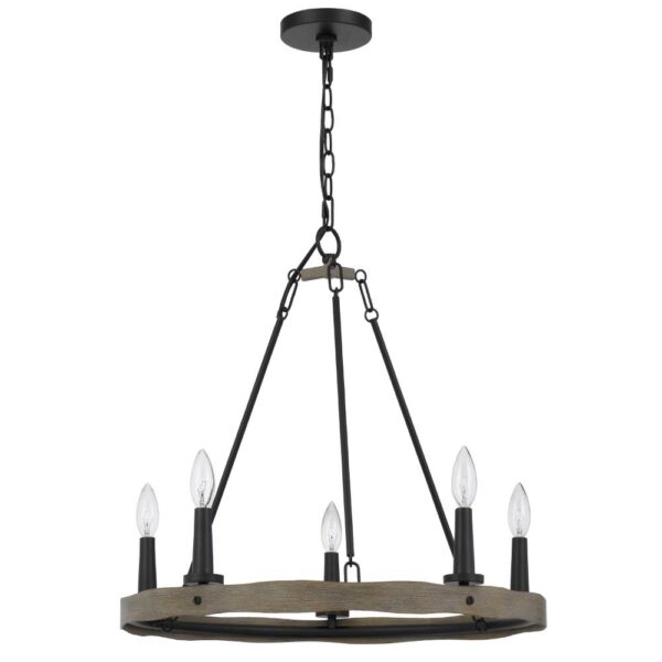 Stomy 23 Inch Chandelier, Brown Wood Wheel Design, Black Metal Chain