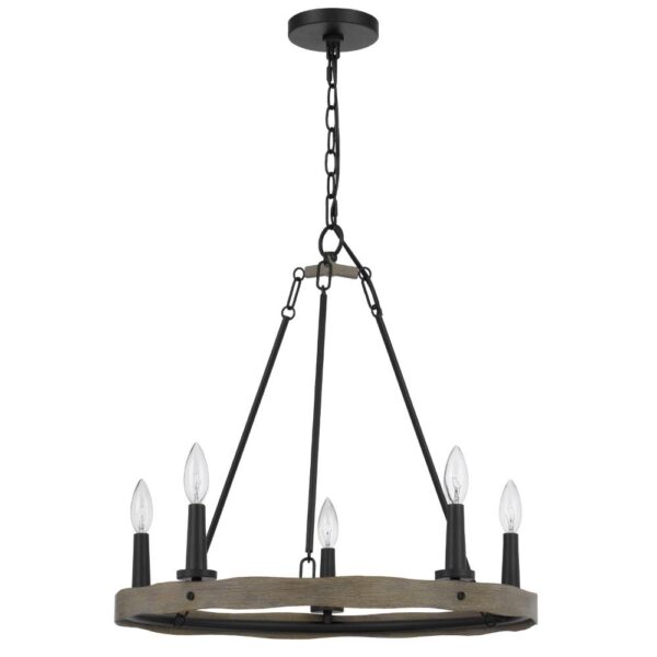Stomy 23 Inch Chandelier, Brown Wood Wheel Design, Black Metal Chain
