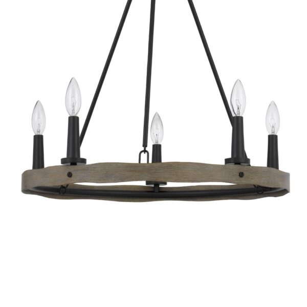 Stomy 23 Inch Chandelier, Brown Wood Wheel Design, Black Metal Chain