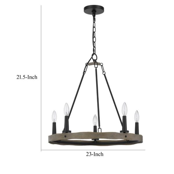 Stomy 23 Inch Chandelier, Brown Wood Wheel Design, Black Metal Chain