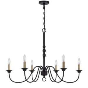 Rino 36 Inch Chandelier, Brass Candelabra Sleeve Accents, Black Metal