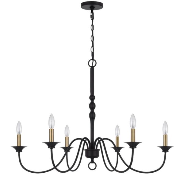 Rino 36 Inch Chandelier, Brass Candelabra Sleeve Accents, Black Metal