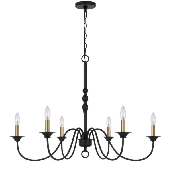 Rino 36 Inch Chandelier, Brass Candelabra Sleeve Accents, Black Metal