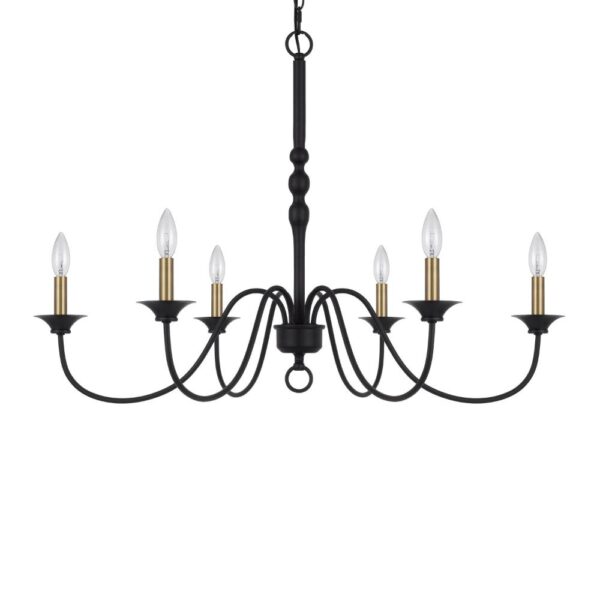 Rino 36 Inch Chandelier, Brass Candelabra Sleeve Accents, Black Metal