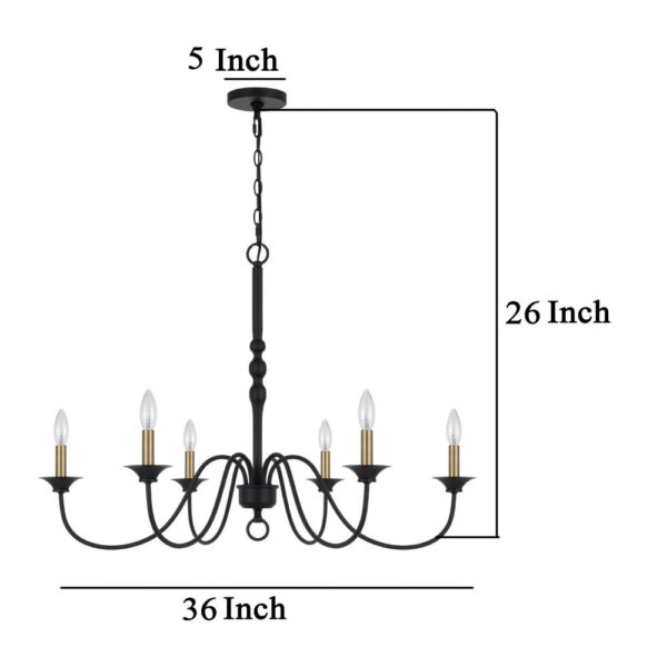 Rino 36 Inch Chandelier, Brass Candelabra Sleeve Accents, Black Metal