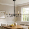 Rino 36 Inch Chandelier, Brass Candelabra Sleeve Accents, Black Metal