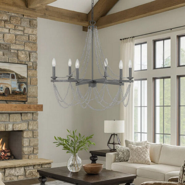 Tura 30 Inch Chandelier, Classic Chrome Beaded Candelabra Design