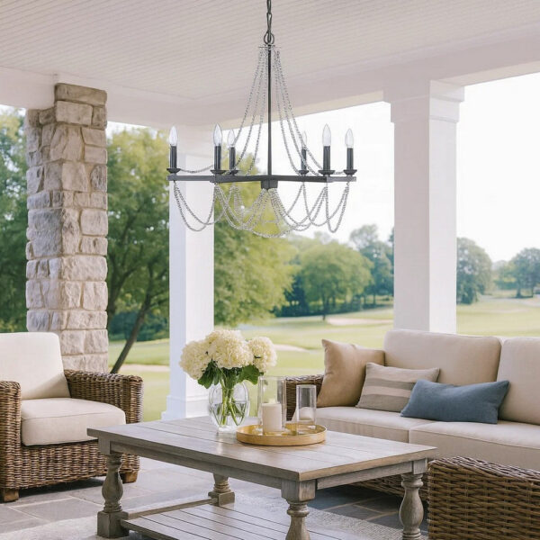 Tura 30 Inch Chandelier, Classic Chrome Beaded Candelabra Design