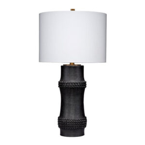 Lemy 28 Inch Table Lamp, White Linen Drum Shade, Dotted Black Base