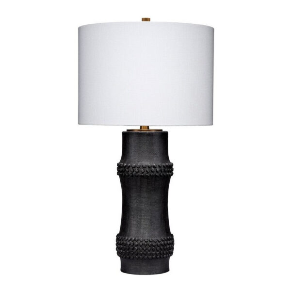 Lemy 28 Inch Table Lamp, White Linen Drum Shade, Dotted Black Base
