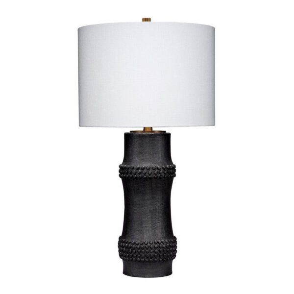 Lemy 28 Inch Table Lamp, White Linen Drum Shade, Dotted Black Base