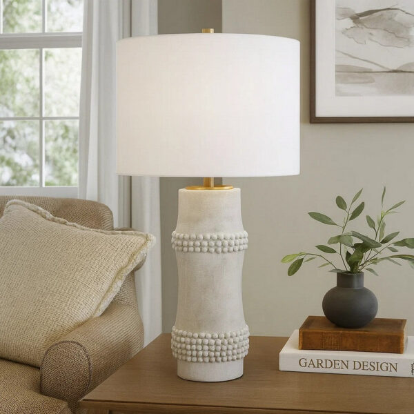 Lemy 28 Inch Table Lamp, Round Linen Drum Shade, Dotted White Base