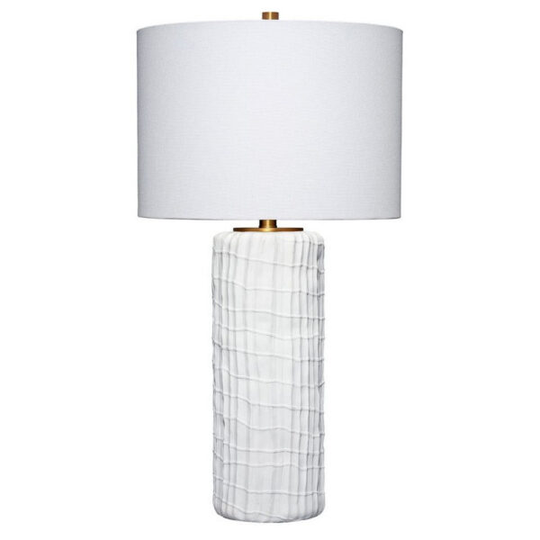 Mena 28 Inch Table Lamp, Round Drum Shade, Grid Pattern White Base
