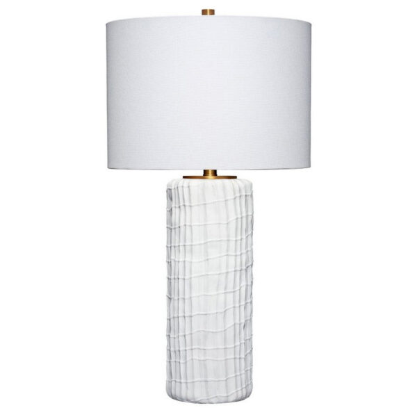 Mena 28 Inch Table Lamp, Round Drum Shade, Grid Pattern White Base