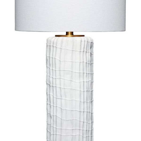 Mena 28 Inch Table Lamp, Round Drum Shade, Grid Pattern White Base